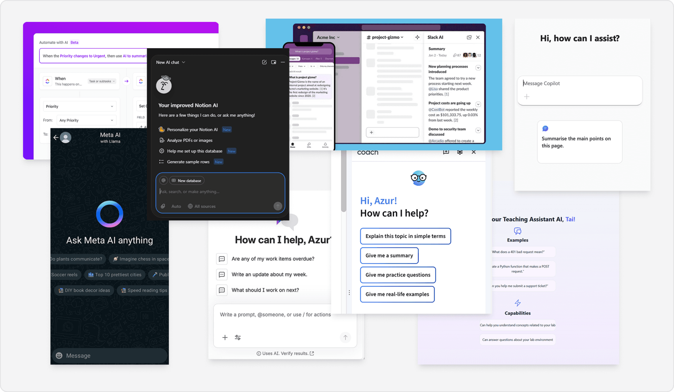 Collage of AI chat implementations across products: Notion AI, Meta AI, Coach and others