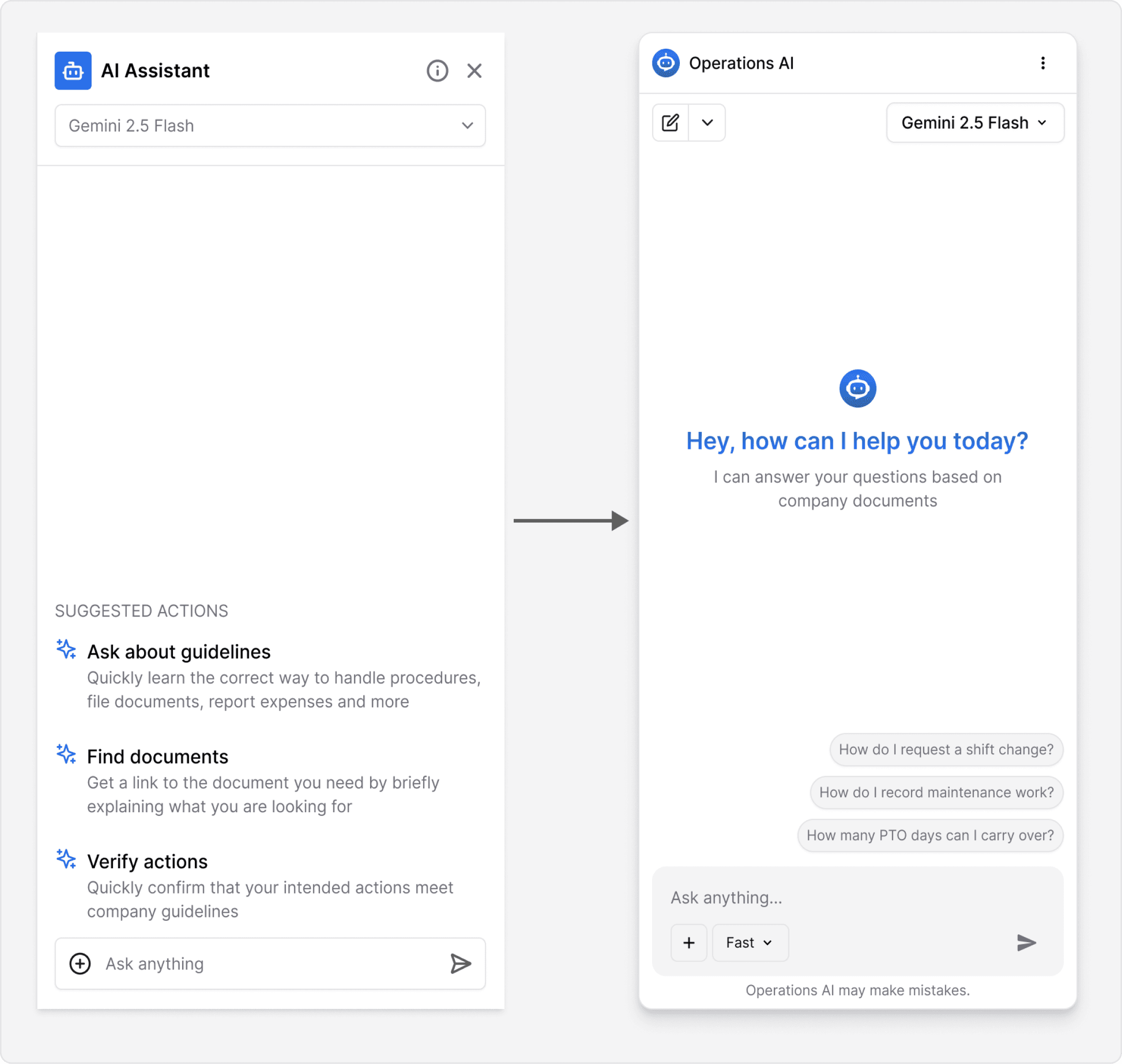 Early side-panel chat version next to the final polished Operations AI panel