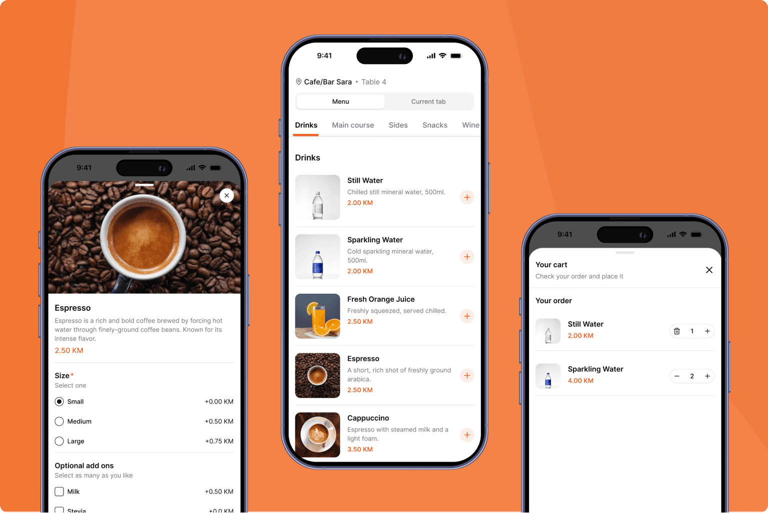 Hermes QR customer menu, item details, and cart