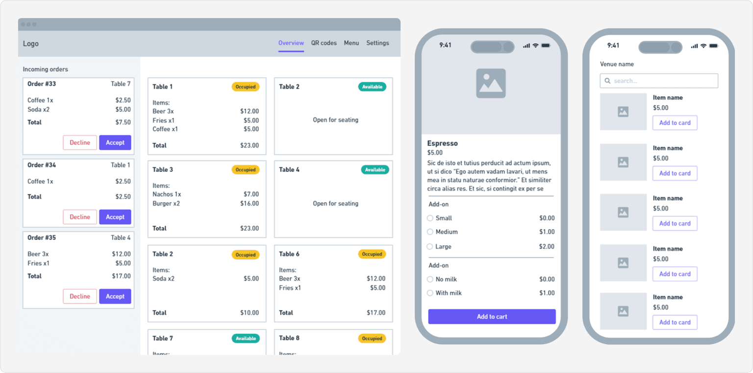 Low-fidelity Hermes QR venue dashboard and mobile ordering screens