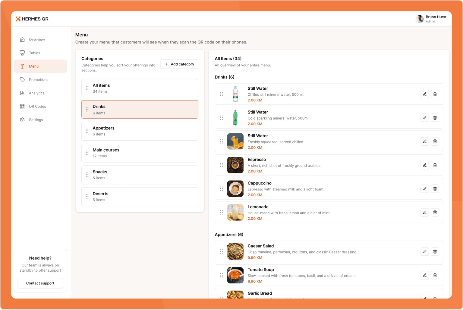 Hermes QR menu management interface