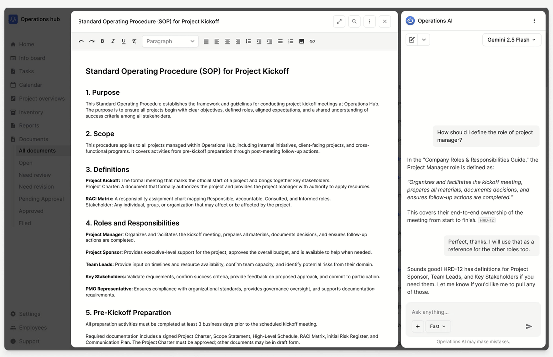 The AI chat panel open next to a document modal